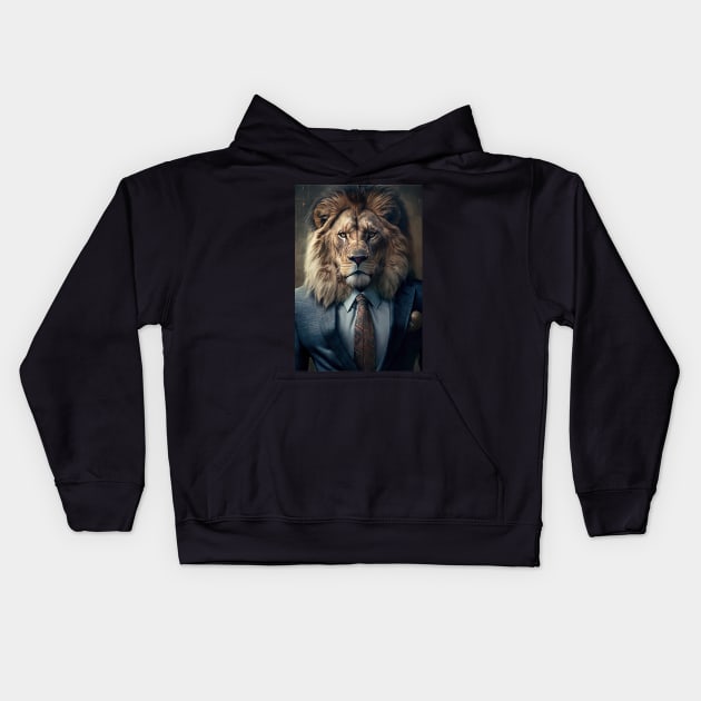 Portrait of a Handsome Lion wearing a suit Kids Hoodie by KoolArtDistrict